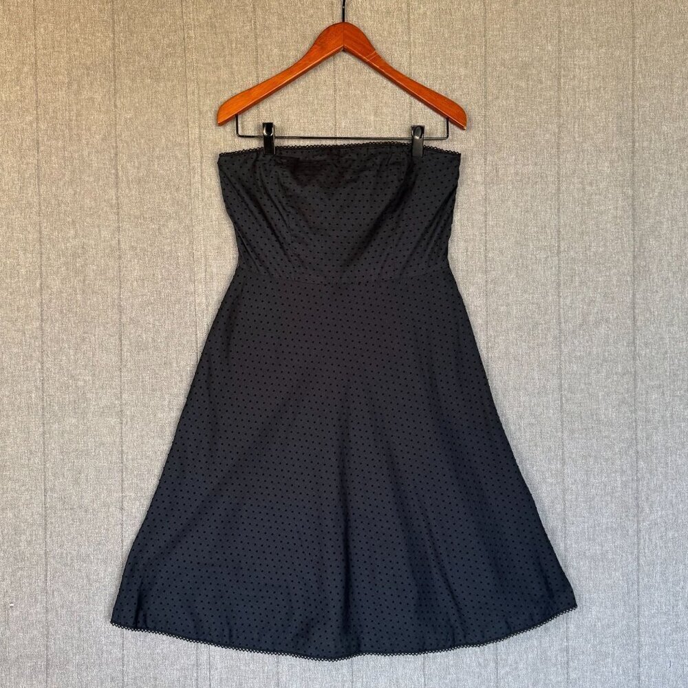90s Vintage American Eagle Strapless‎ Black Swiss Dot A line Midi Dress Size 10
